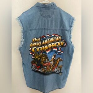 K&S frayed sleeve denim biker shirt “The Great American Cowboy" graphic Y2K XL